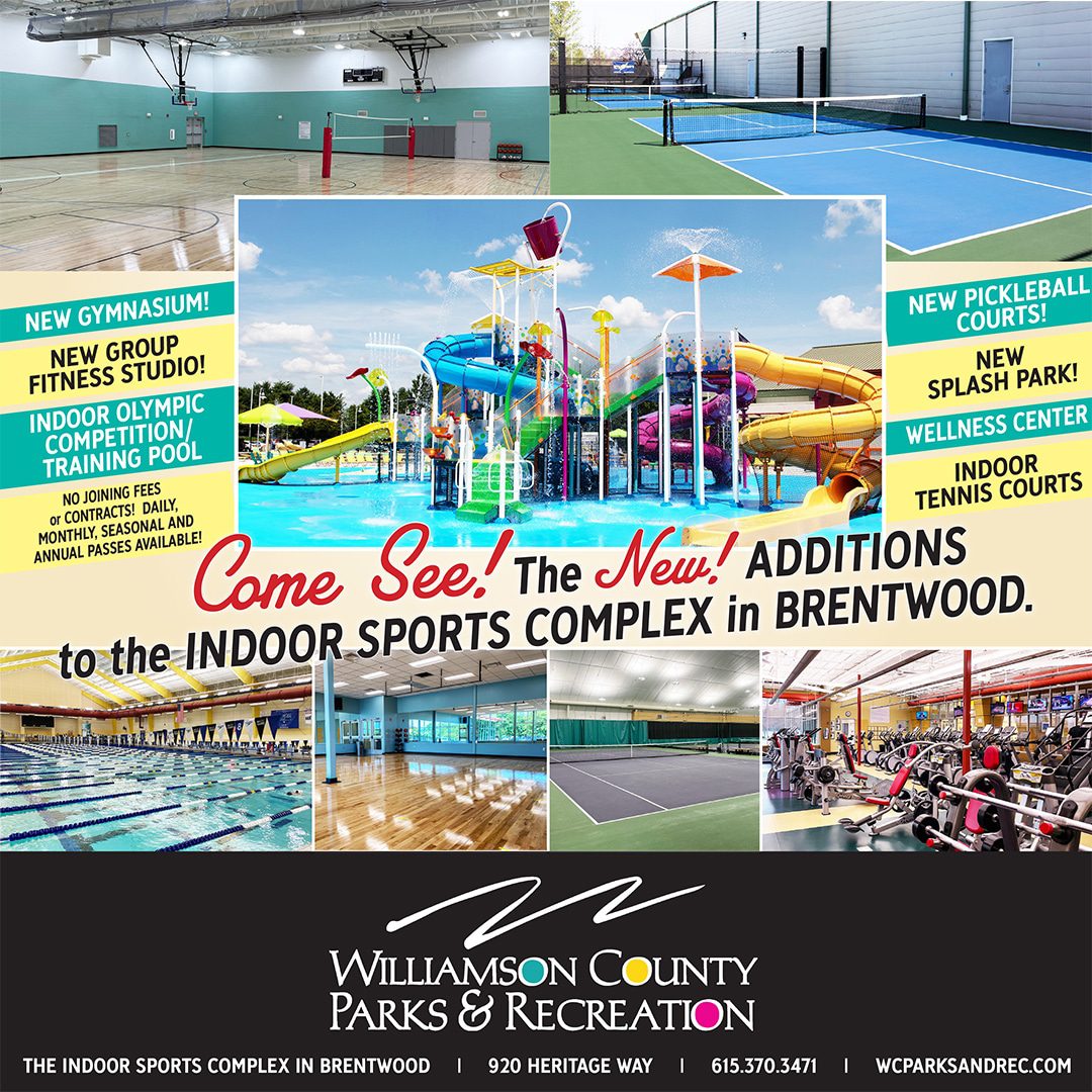 Indoor Sports Complex in Brentwood, TN offers a Splash Park for kids, wellness center, an olympic sized competition and training pool, 5 indoor tennis courts, 4 outdoor pickle ball courts, a large group fitness studio and a spacious, new gymnasium.