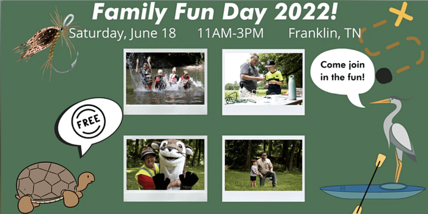 Franklin, TN Family Fun Day, a fun and educational day on the river with fly fishing lessons, a scavenger hunt, youth kayaking, snow cones, and lots more!
