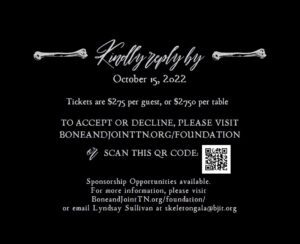 Skeleton Gala Reply Card, for the Franklin, TN black-tie event filled with fun, entertainment and dancing, supporting the Bone and Joint Institute Fund of the Williamson Medical Center Foundation.