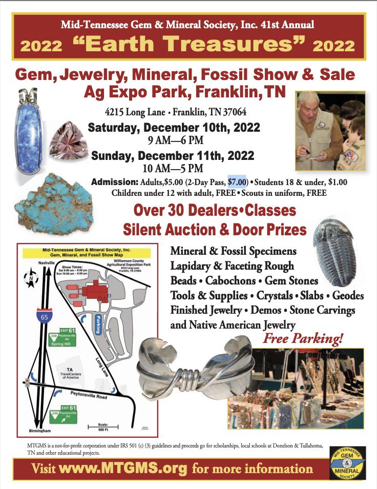 Earth Treasures Gem, Jewelry, Mineral, & Fossil Show & Sale in Franklin, TN, demonstrations, exhibits, jewelry, mineral specimens, fossils and more!