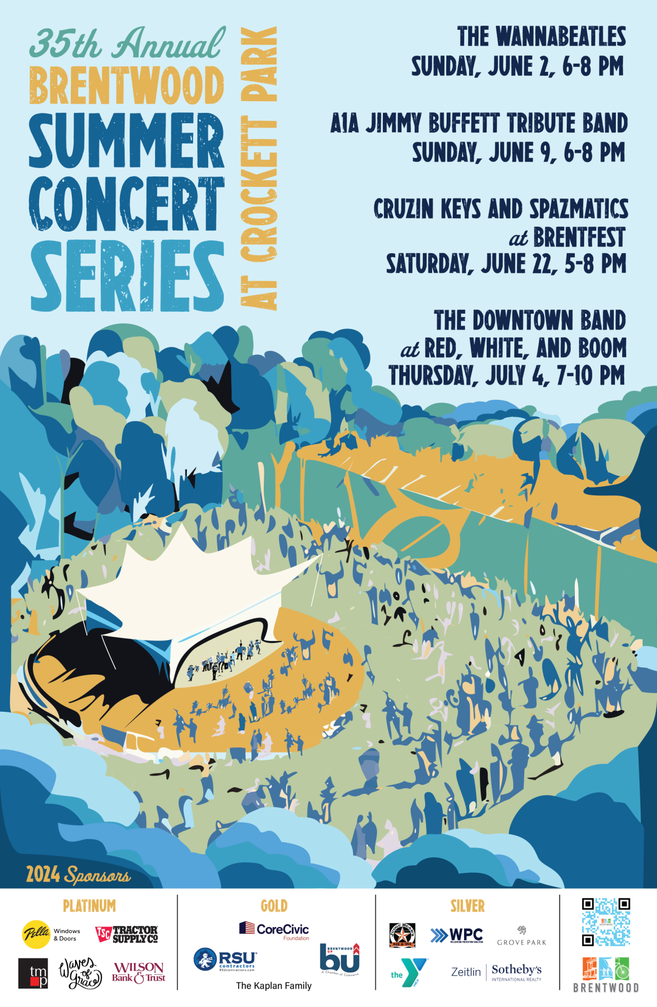 Brentwood Summer Concert Series, June 2-The WannaBeatles, June 9-A1A Jimmy Buffett Tribute Band, June 22-BrentFest, featuring live music, a beer garden and a fun zone for children, July 4-Red, White, and Boom, with The Downtown Band, Brentwood, TN Fireworks Show at 9 PM.