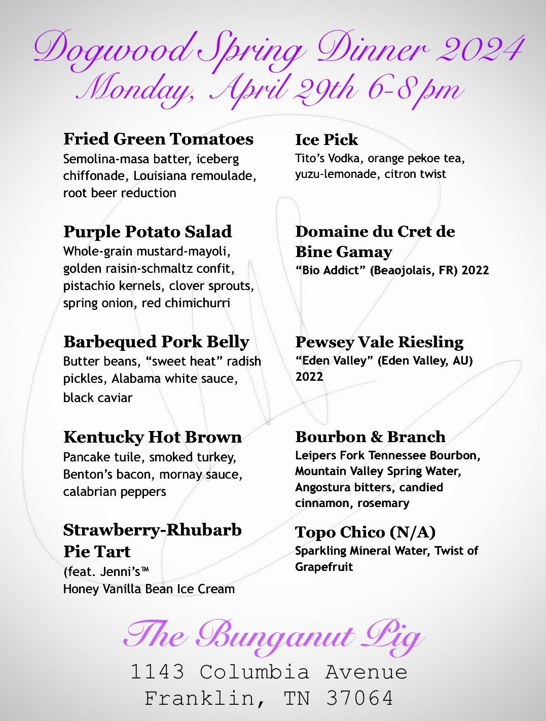 Dogwood Spring Dinner 2024 in downtown Franklin at The Bunganut Pig Franklin.