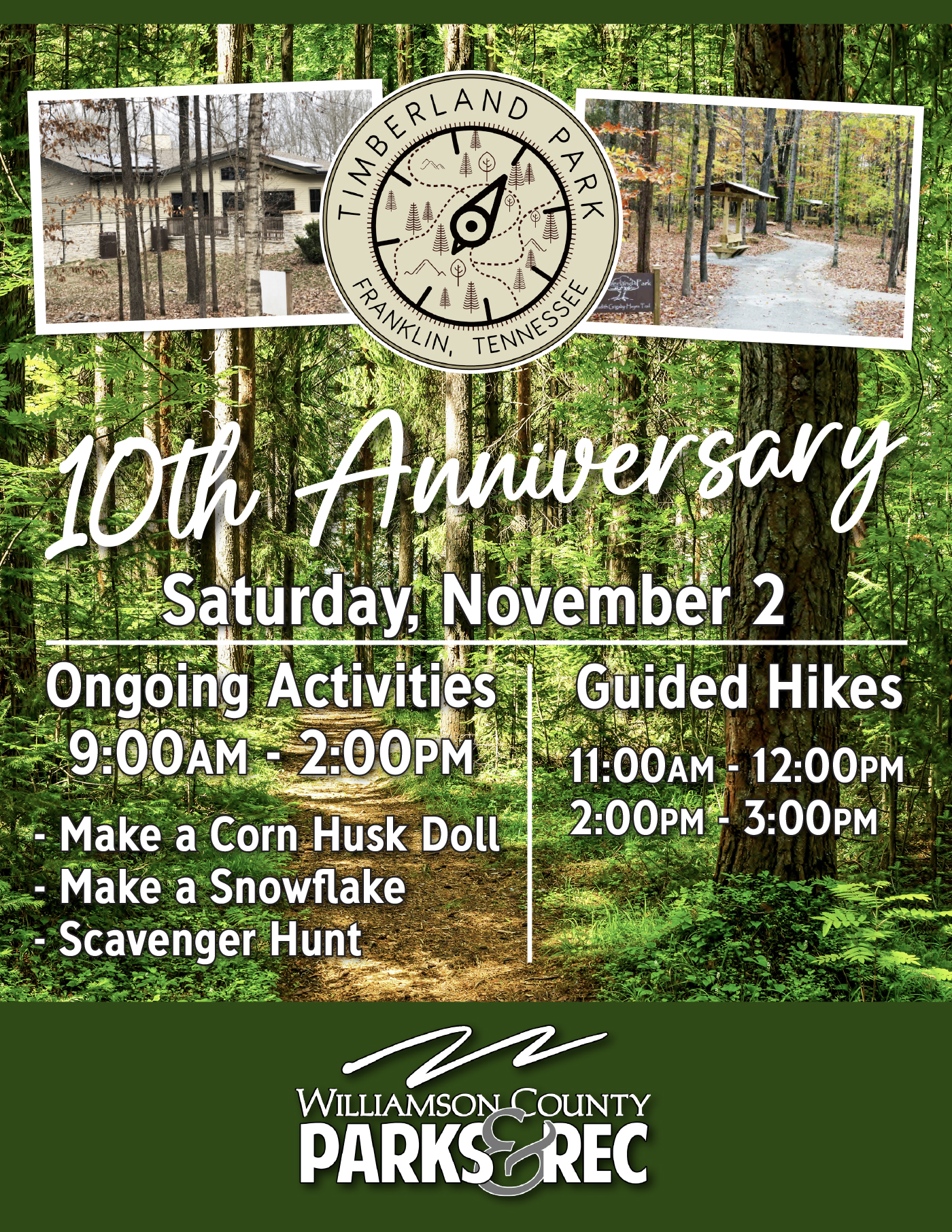 Timberland Park in Franklin, TN 10th Anniversary event, enjoy nature programs, crafts and hikes along with refreshments and give-a-ways, festivities are free and open to the public.