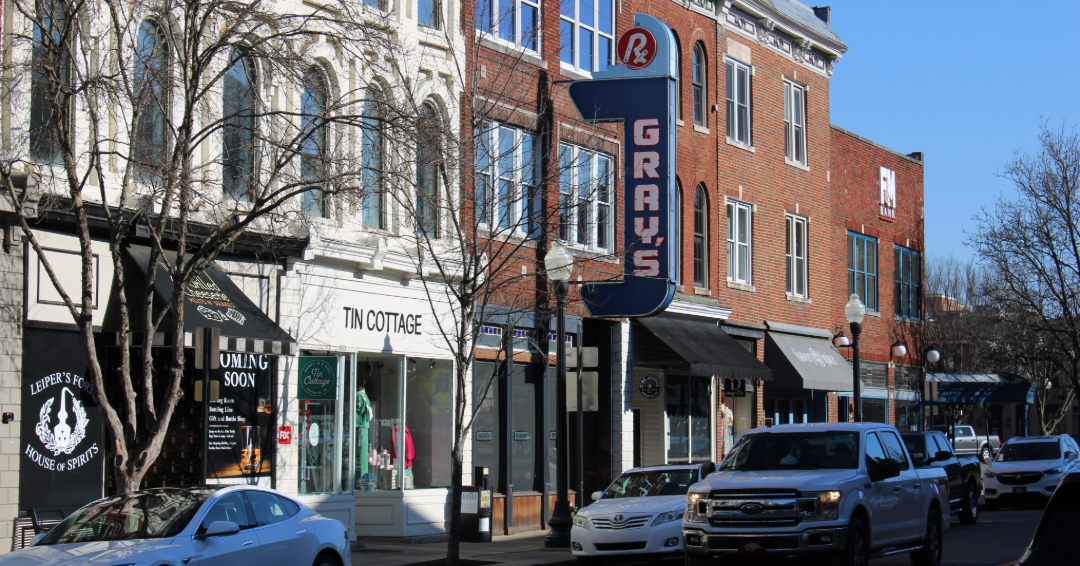 Downtown Franklin, TN’s Main Street stores for shopping and restaurants for dining.