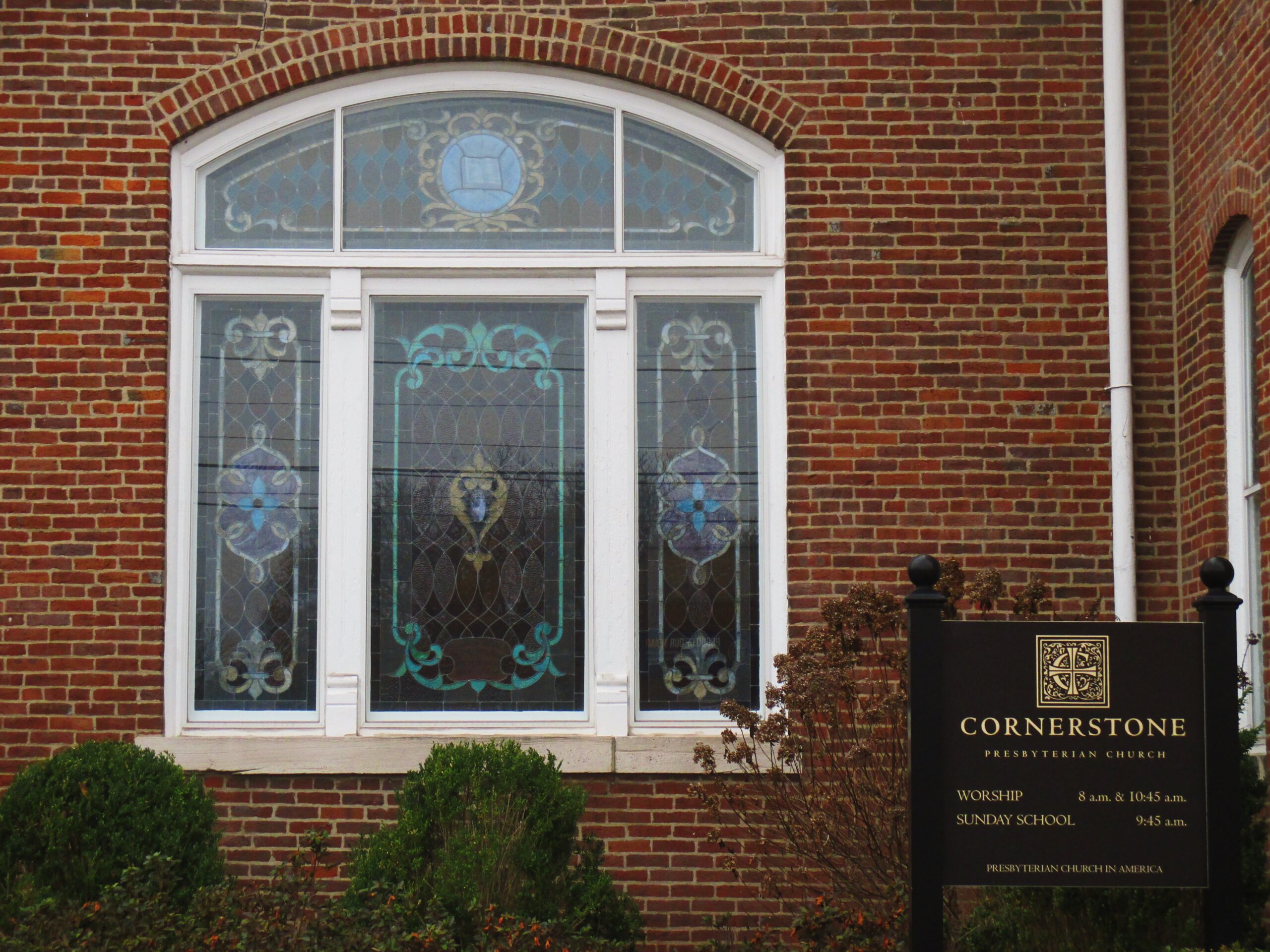 Cornerstone Presbyterian windows and sign 
