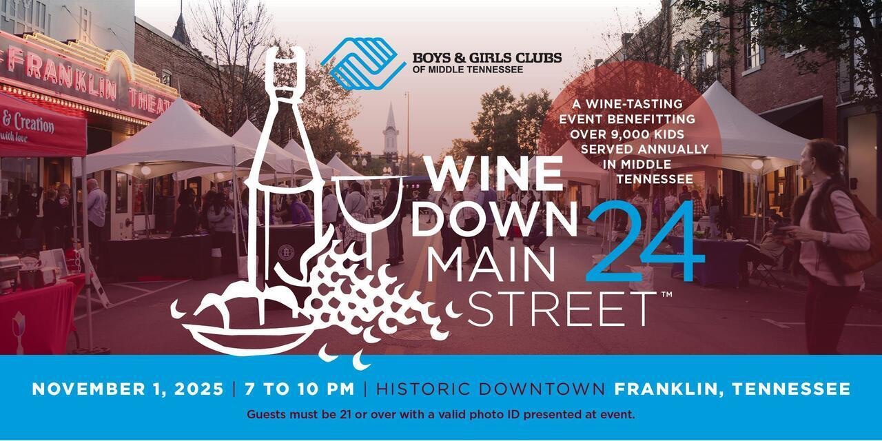2025 Wine Down Main Street in downtown Franklin TN., a wine tasting event where guests enjoy wines, shopping, food sampling, and live music — all along the charming, historic Main Street in Franklin, Tennessee.
