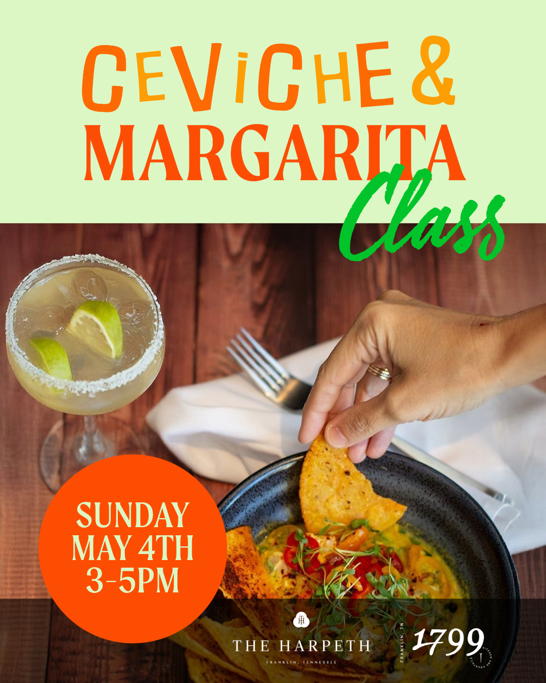 Ceviche & Margarita Making Class in Franklin, TN, at 1799 Kitchen & Bar Room.
