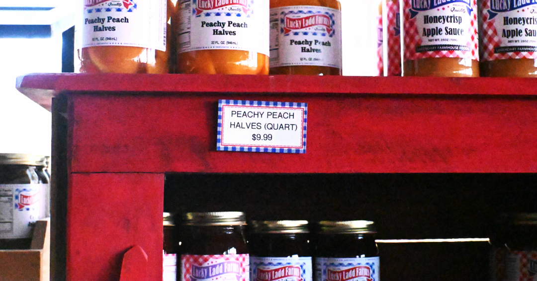 A line of jams and canned peaches for sale at Lucky Ladd Farms Gift Barn in Eagleville, Tennessee.