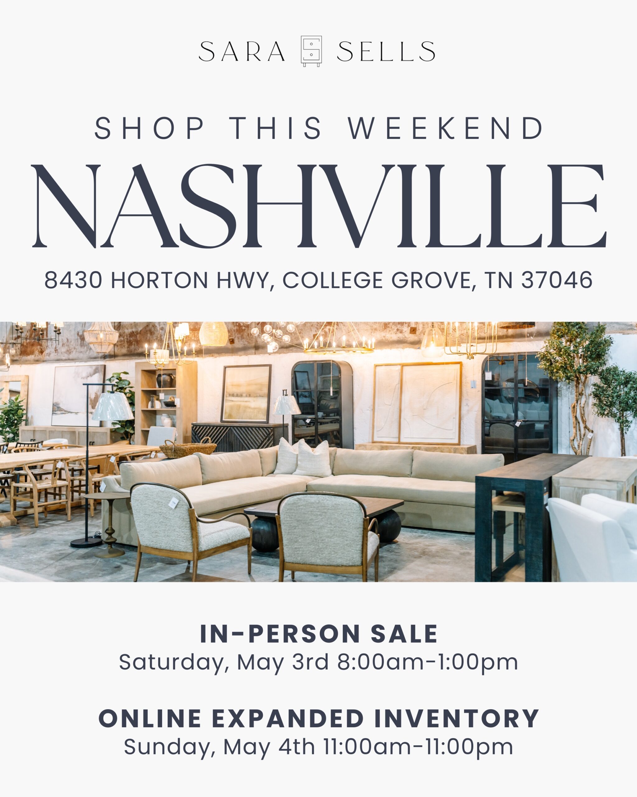 Sara Sells Nashville shopping event in May, furniture, decor, sofas, dining tables, bedroom furniture, lighting, home decor and more are available for purchase.