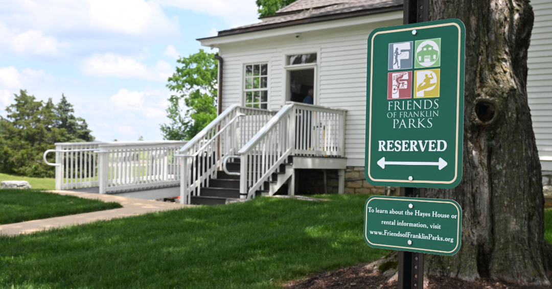 Hayes House at The Park Harlinsdale Farm in Franklin, Friends of Franklin Parks parking sign and Hayes House exterior.