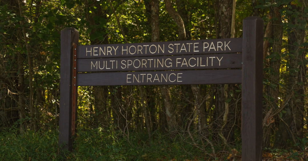 Henry Horton State Park entrance sign, a place to go camping and hiking near Williamson County, Tennessee. 