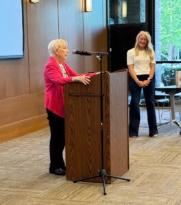 Brentwood City Commissioner Anne Dunn speaking to the Friends of the Brentwood Library membership on May 29, 2025, after receiving the Friend of the Year Award.