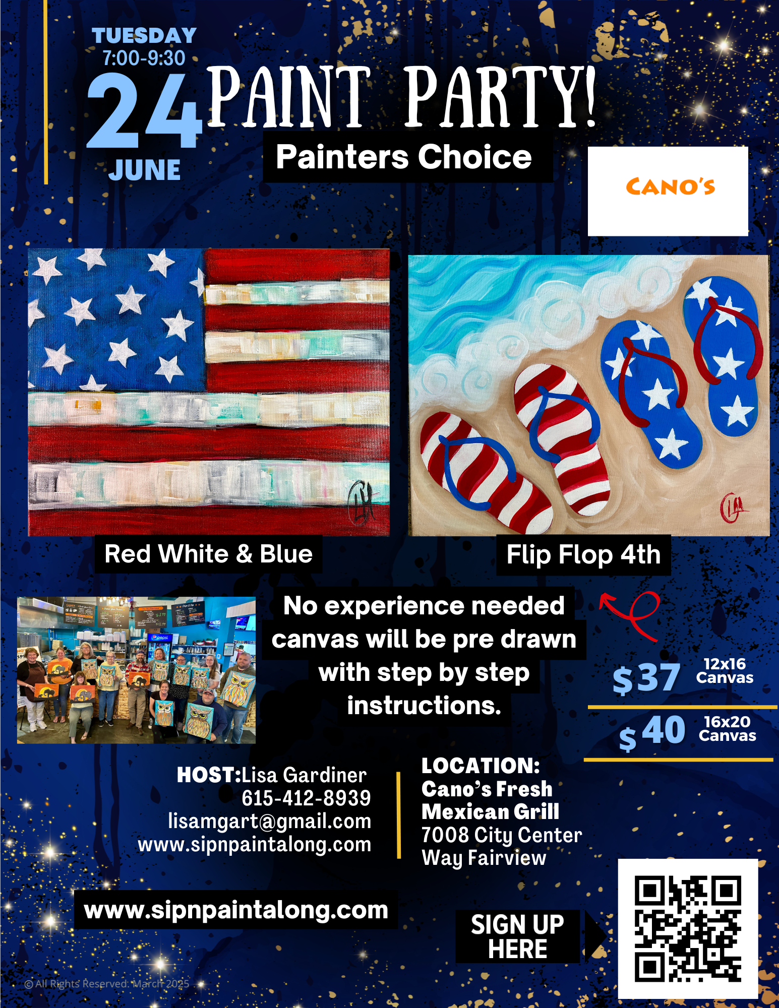 Red White & Blue or Flip Flop 4th in Fairview. Invite a friend and come join us for the fun! $37 Includes all your art supplies for the event. Come early to enjoy 2 for one small lime margaritas, and have a delicious dinner before or during the event.