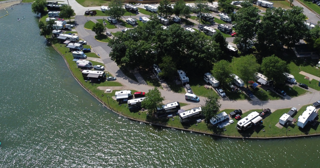 Pictured: A bird's eye view of Nashville Shores RV Park and Campground on the shore of Percy Priest Lake in Nashville, Tennessee. 