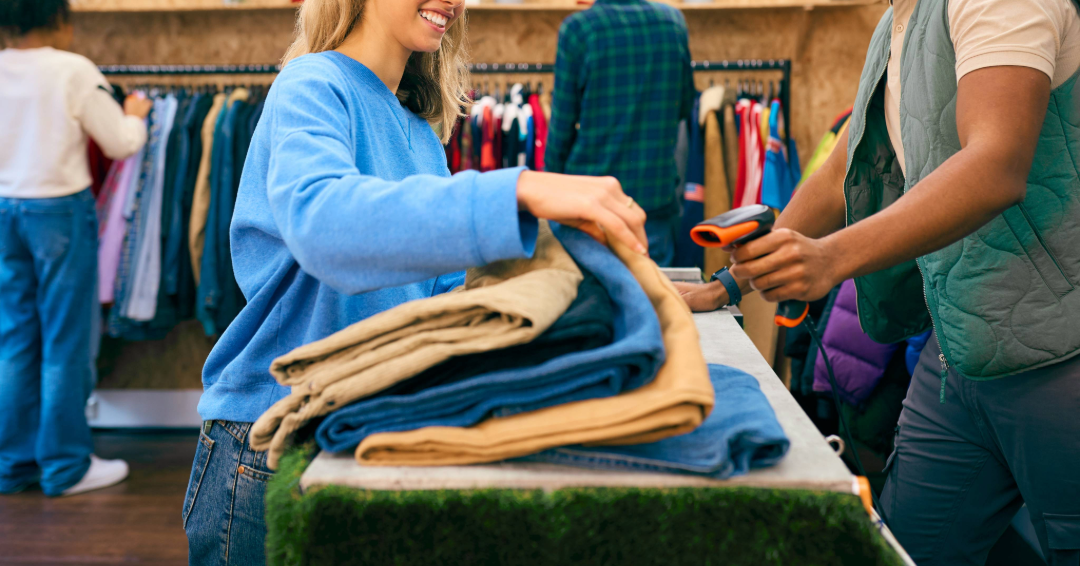A woman sells denim at a consignment store: discount shopping in Williamson County, Tennessee.
