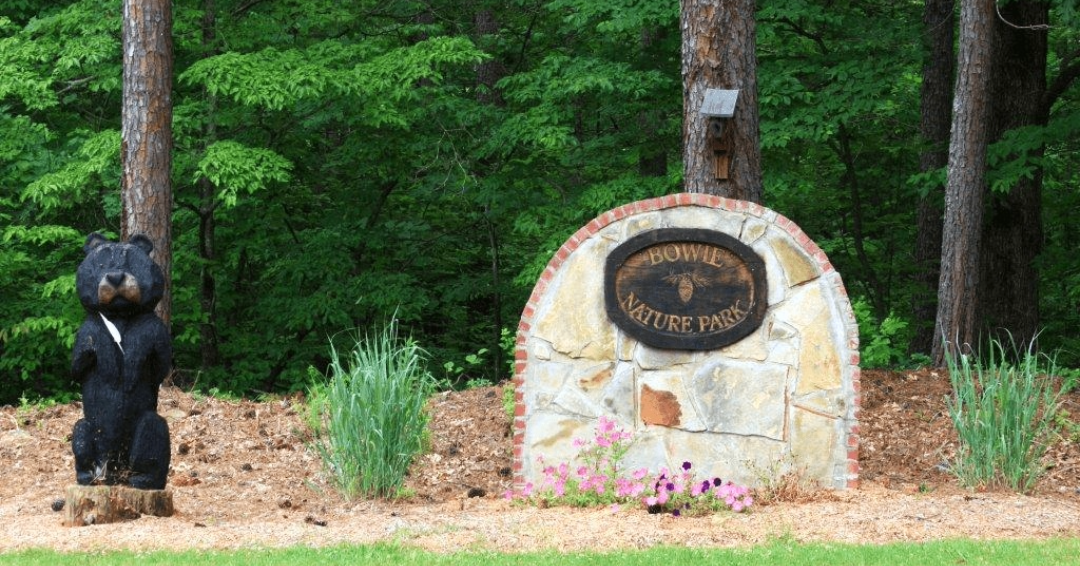 Former sign of Bowie Nature Park on display in Fairview, Tennessee, showcasing the legacy of the park.