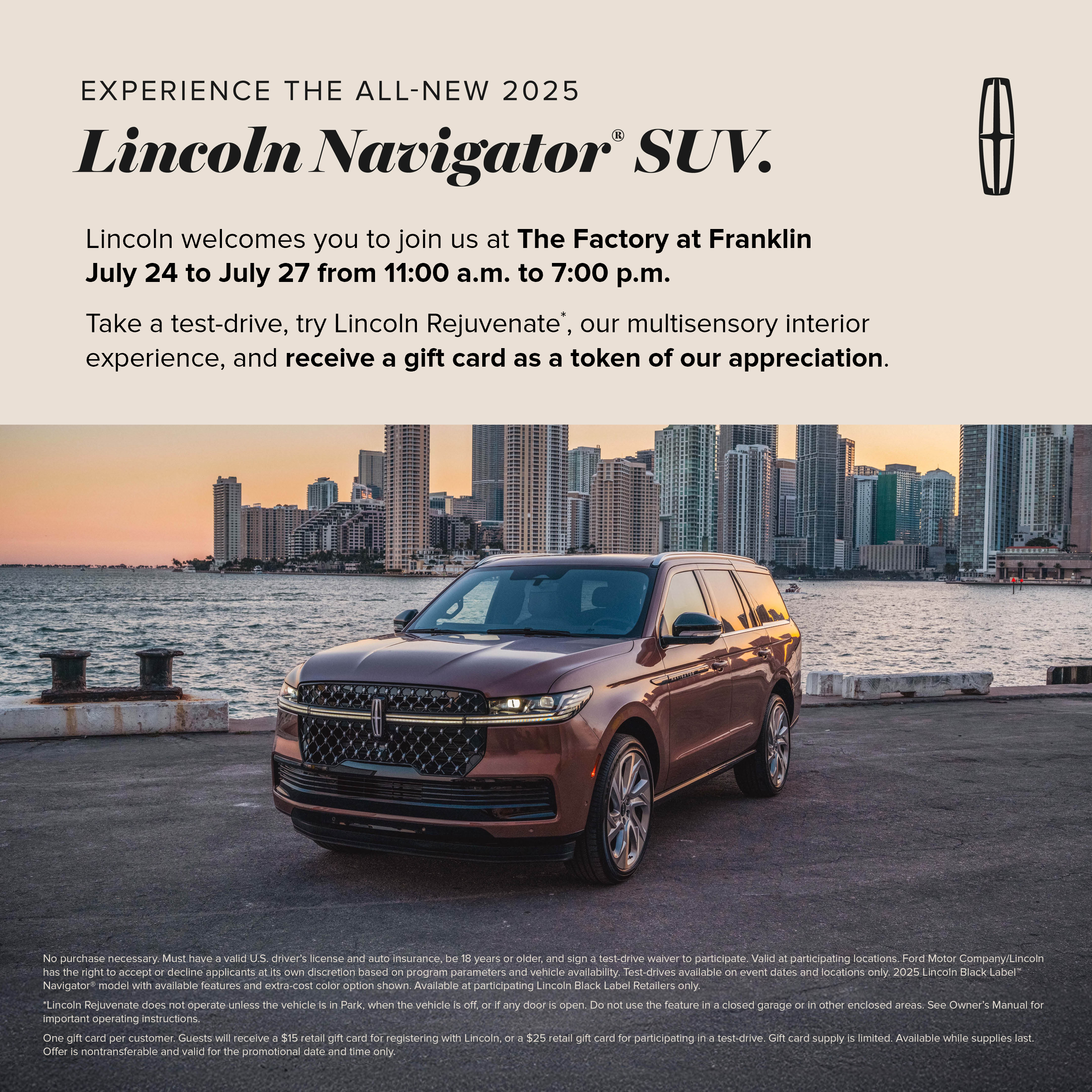 Test-Drive the All-New 2025 Lincoln Navigator® SUV at The Factory at Franklin This Weekend.
