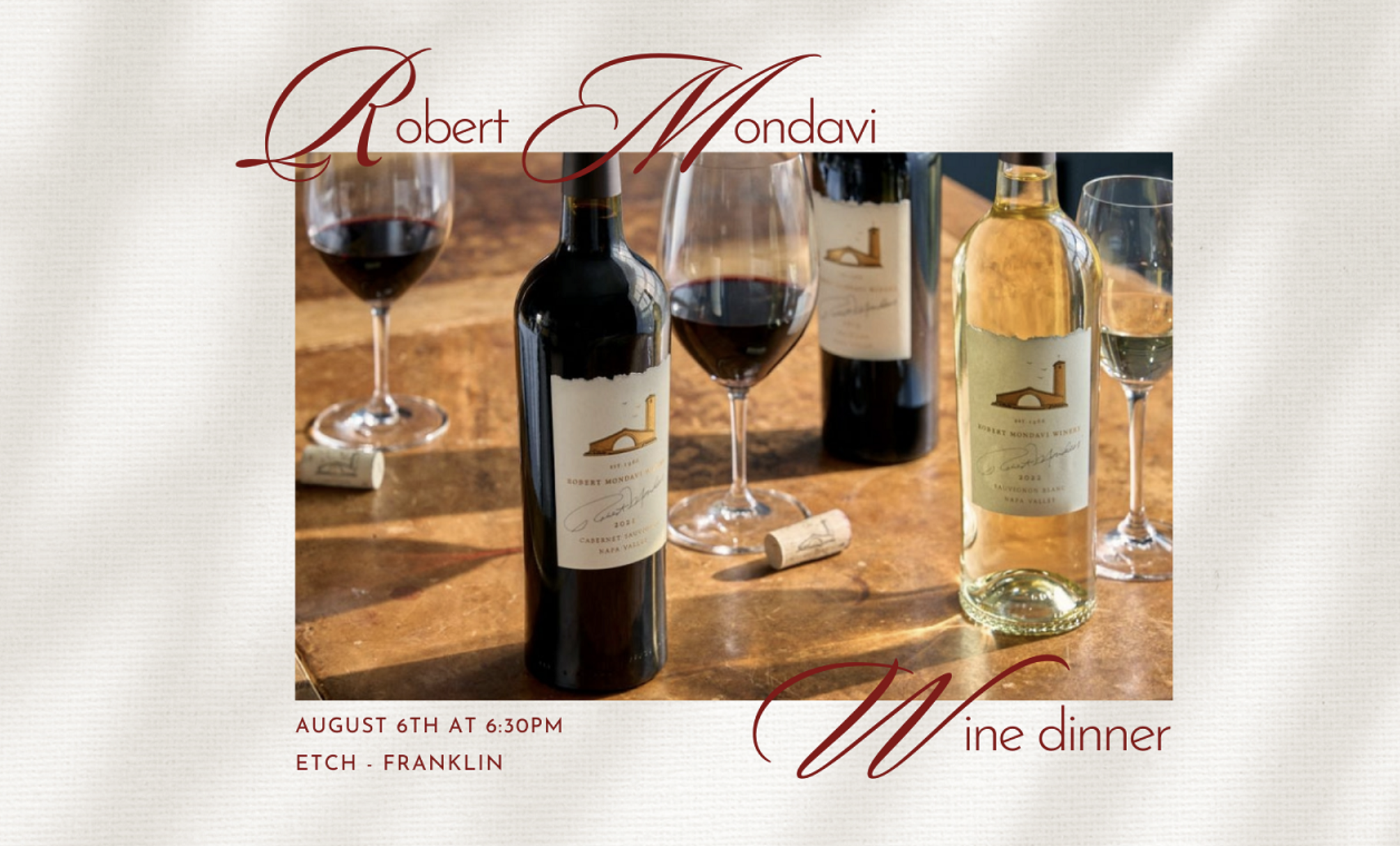 Robert Mondavi Wine Dinner at etch in Franklin, TN, inside The Factory at Franklin.