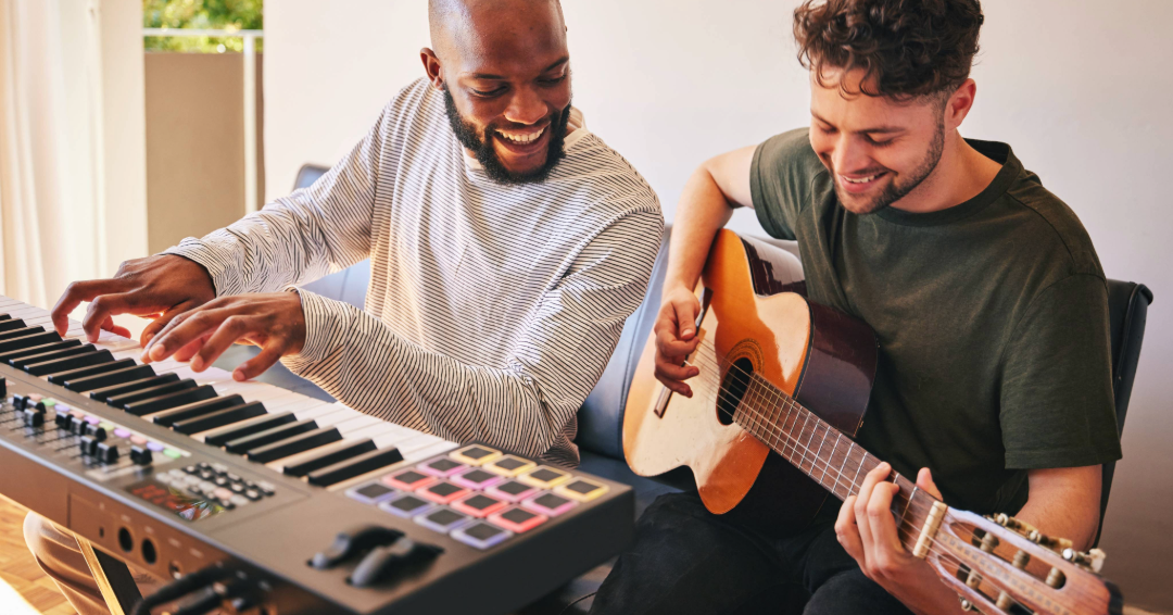 Friends playing music together, representing pursuing music as a hobby in Williamson County, Tennessee. 