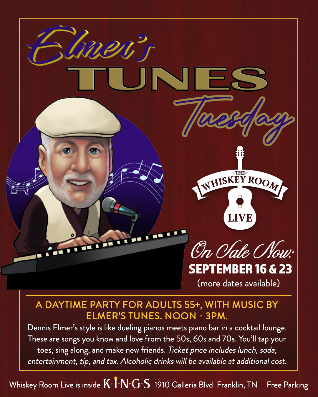 Elmer's Tunes Tuesdays event for seniors in Franklin, Tenn., Dennis Elmer is a senior entertainer performing tunes seniors know and love from the 50s, 60s, and 70s. His style is like dueling pianos meets piano bar in a cocktail lounge