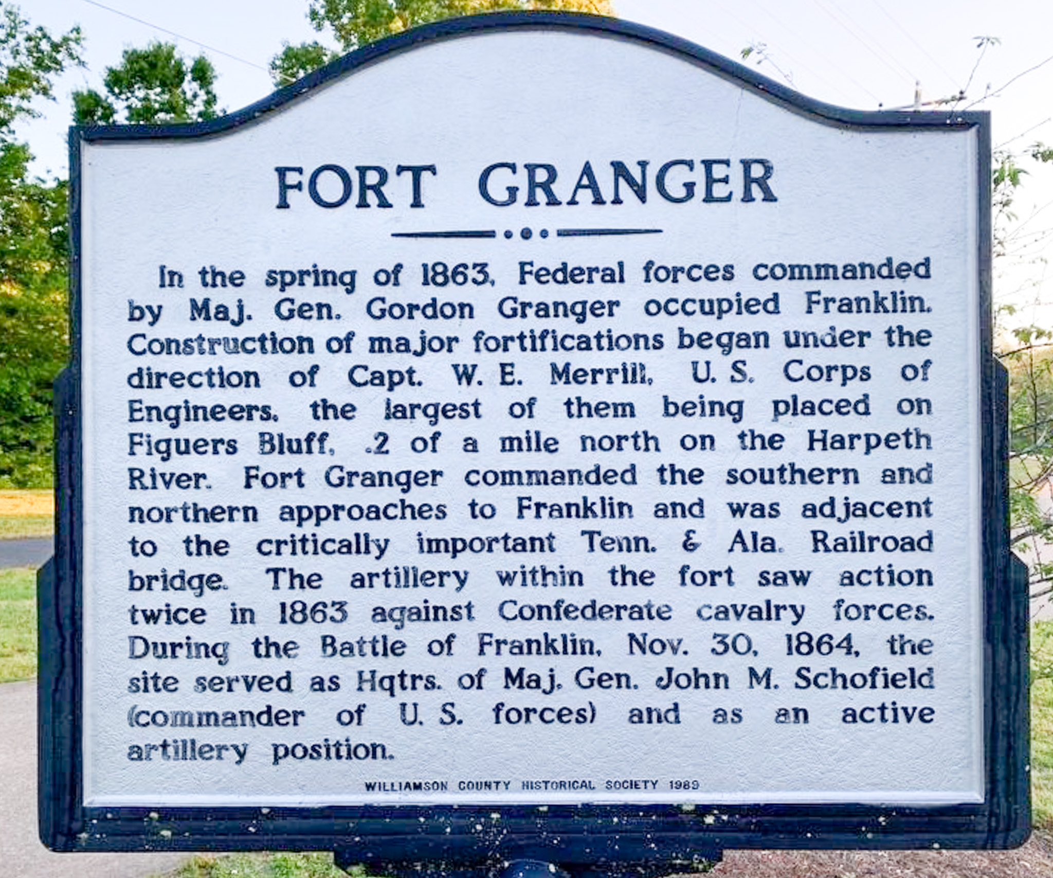 Fort Granger historic marker sign in Franklin, TN. Figures Bluff, also spelled Figuers Bluff, is a historical bluff in Franklin, Tennessee, that overlooks the Harpeth River and was the site of the Union Army's Fort Granger during the Civil War. 