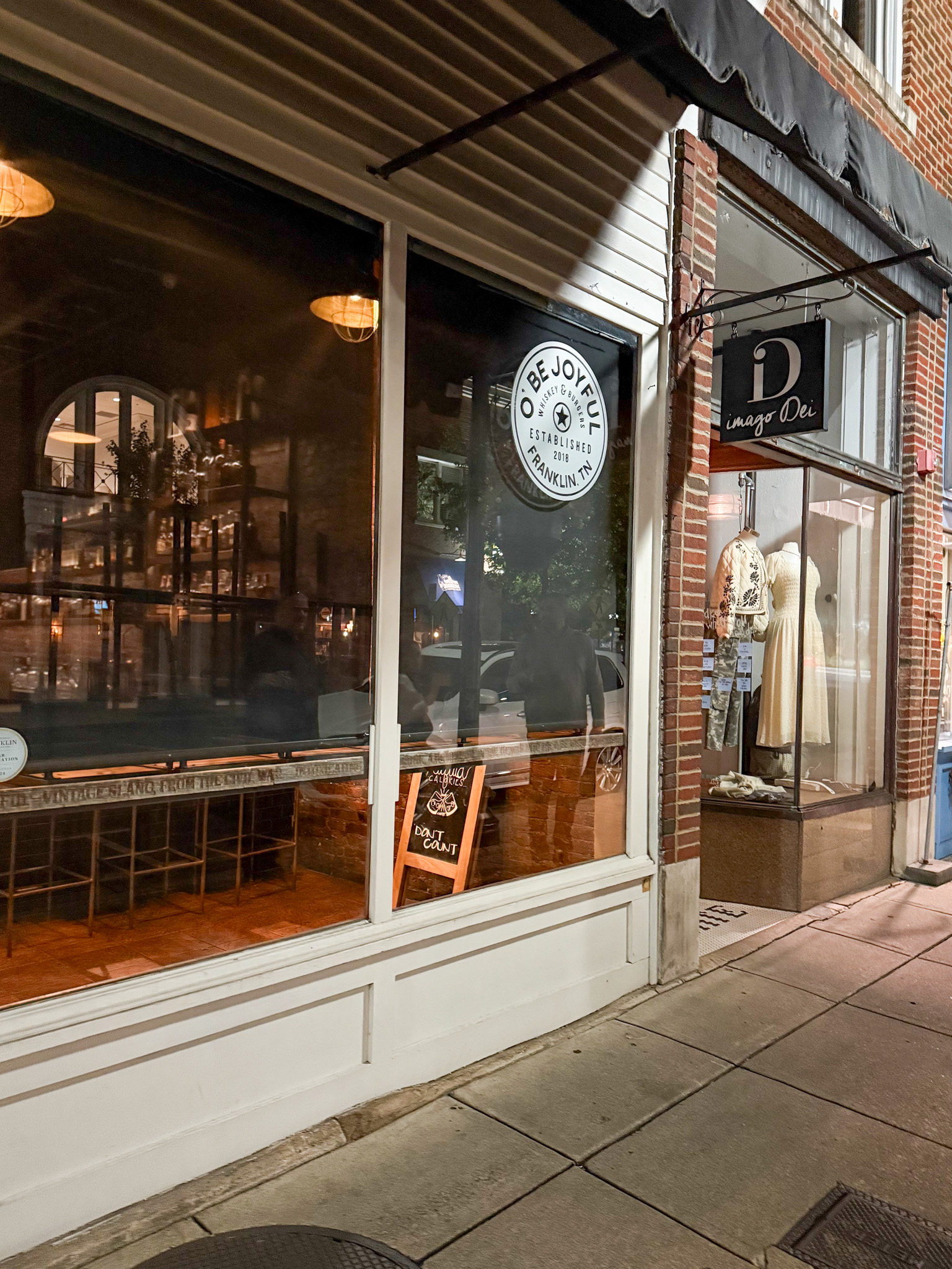 O' Be Joyful Bar and Grill in downtown Franklin, Tennessee on Main Street, exterior of the O' Be Joyful building.