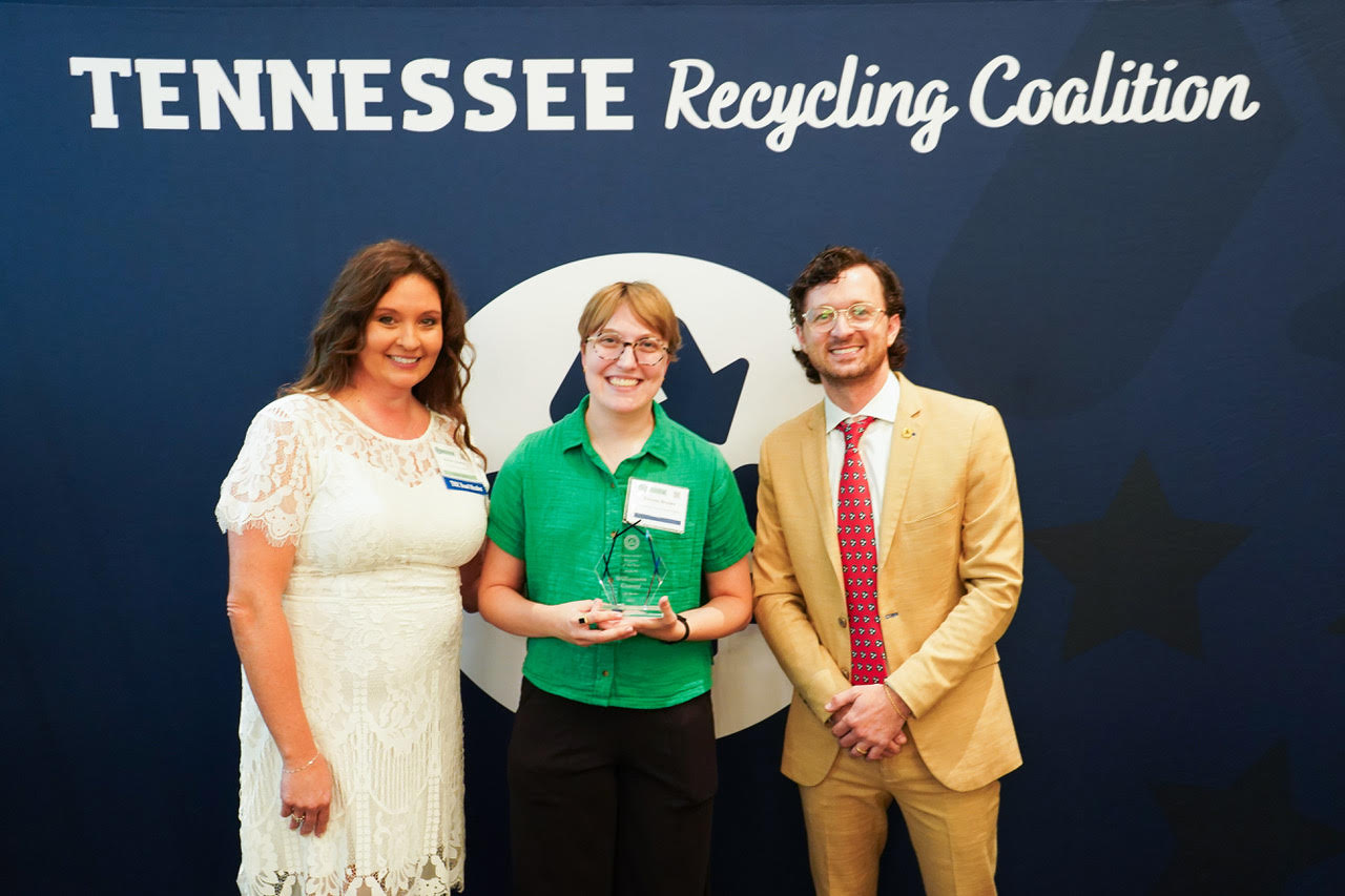 Williamson County, TN Leaders Named Top Tennessee Recyclers, TRC's Amber Greene and Caleb Powell flank Keep Williamson Beautiful's Belinda Grace Brooks at 2025 TRC Awards Event.