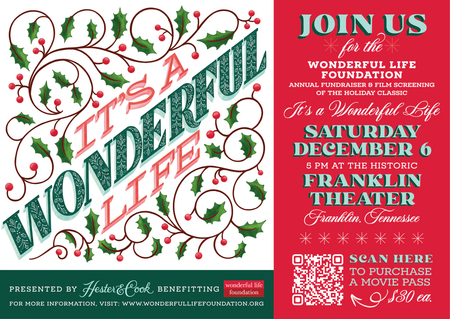 It's a Wonderful Life Movie Pass for The Franklin Theatre, benefiting the Wonderful Life Foundation, presented by Hester & Cook.